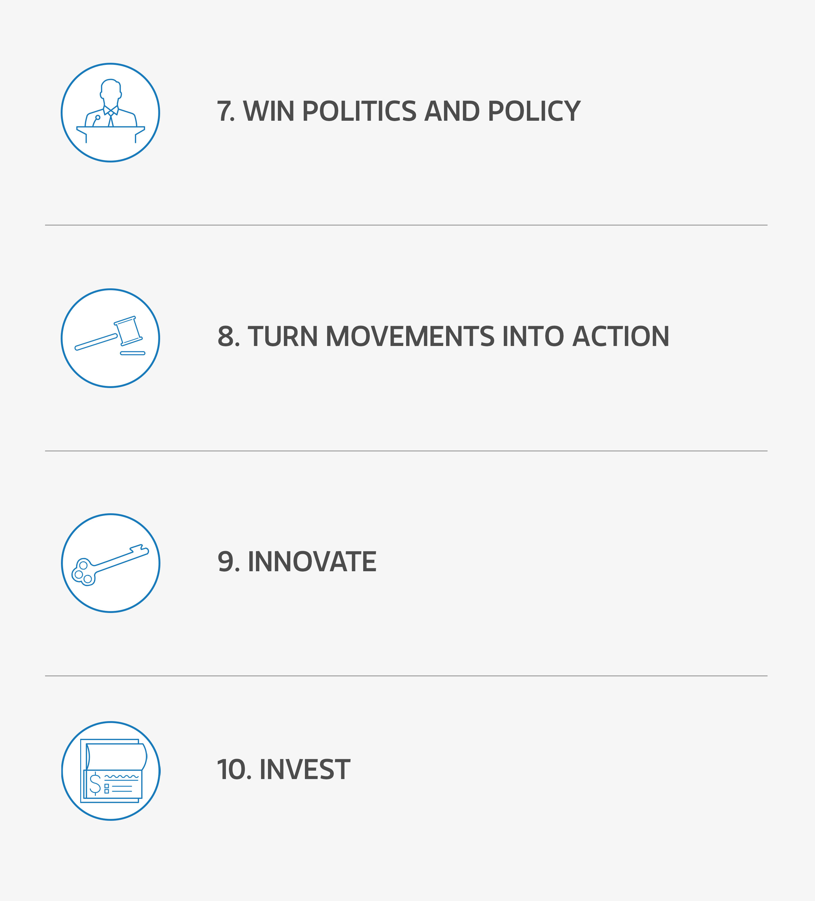 7.赢得政治和政策。把动作变成行动。创新10。投资